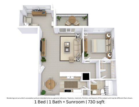 Floor plan for 1 bed, 1 bath, 730 sqft
